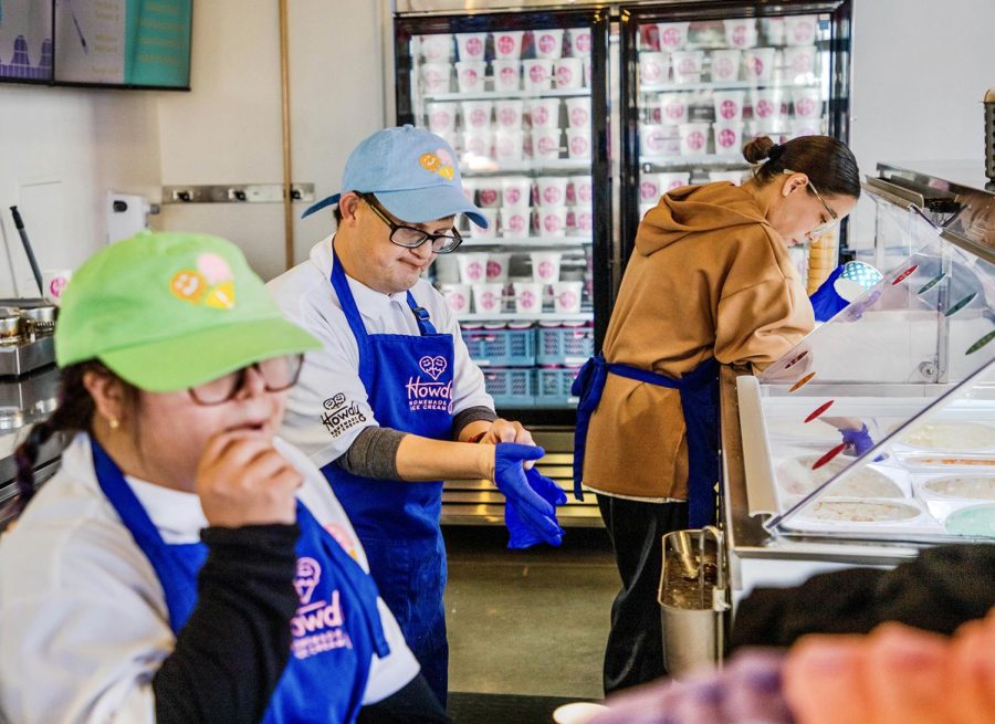 (Left to right) Manager, Poppy Martll and heroes Evan Vourazeris and Andrea Ortego working hard at Howdy Homemade ice cream parlor.  