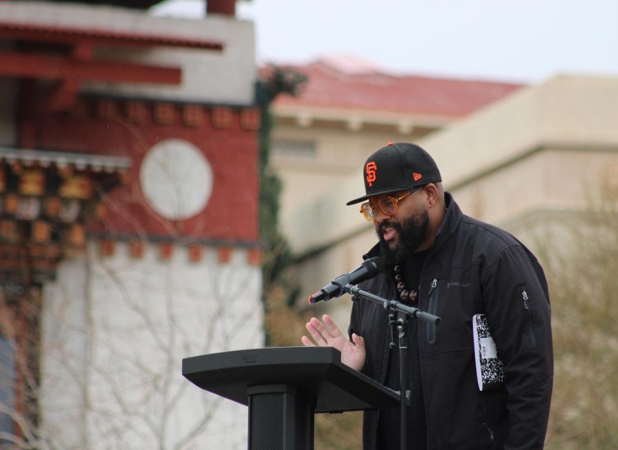 Jesus Fargas Hill performs an original poem during the Martin Luther King Jr. celebration, Jan. 17 at Centennial Plaza.