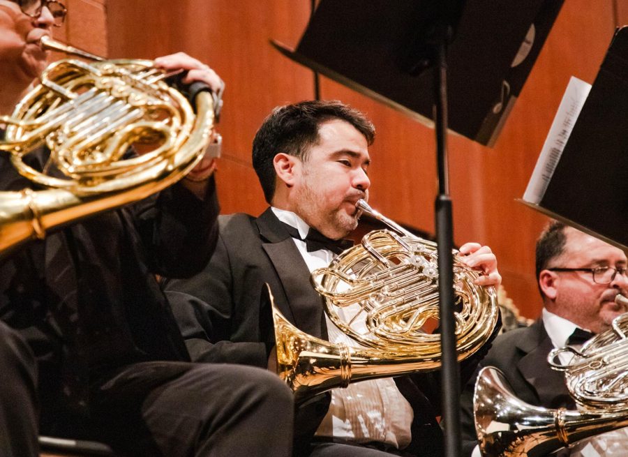 The French horn section plays their music at the El Paso Winds concert Feb. 23.  