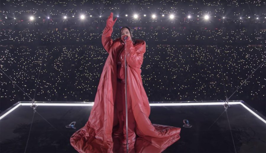 Singer, actress, and businesswoman Rihanna performed during the Super Bowl LVII halftime show, revealing her second pregnancy for the first time. Photo courtesy of FOX News 