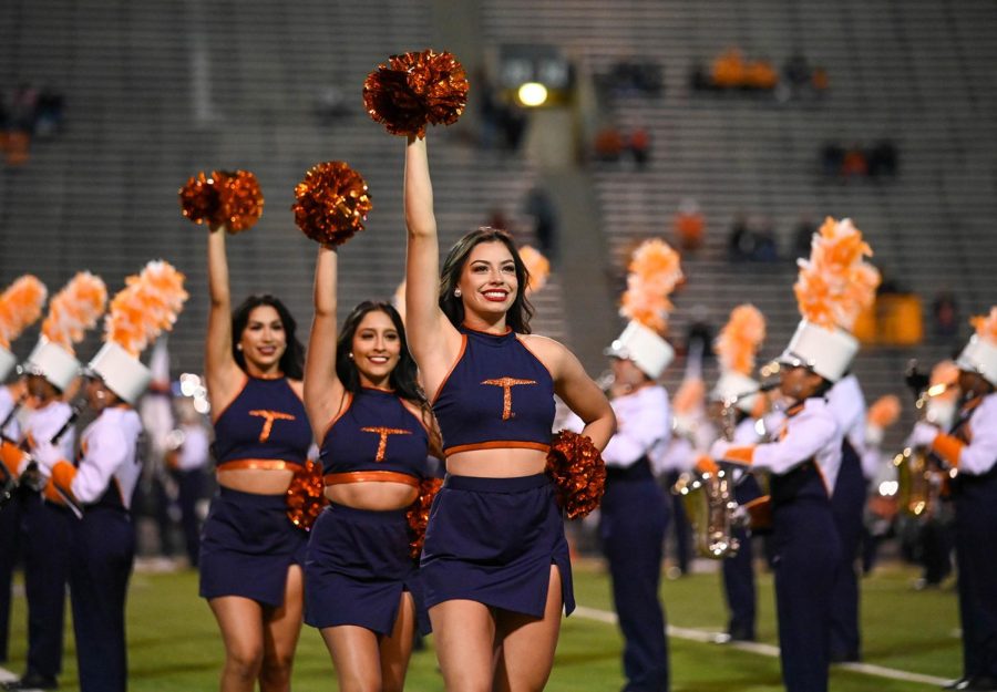 The UTEP cheerleading team prepares the crowd for the game against Middle Tennessee on Oct. 29, 2022. The Prospector Archive.