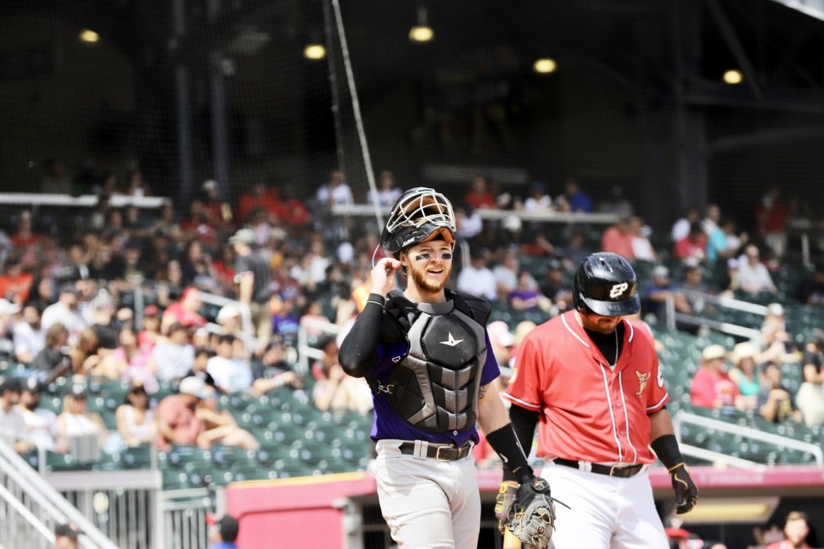 Alburquerque Dukes catcher standing tall and ready behind home plate, prepared to defend their team against base runners. 