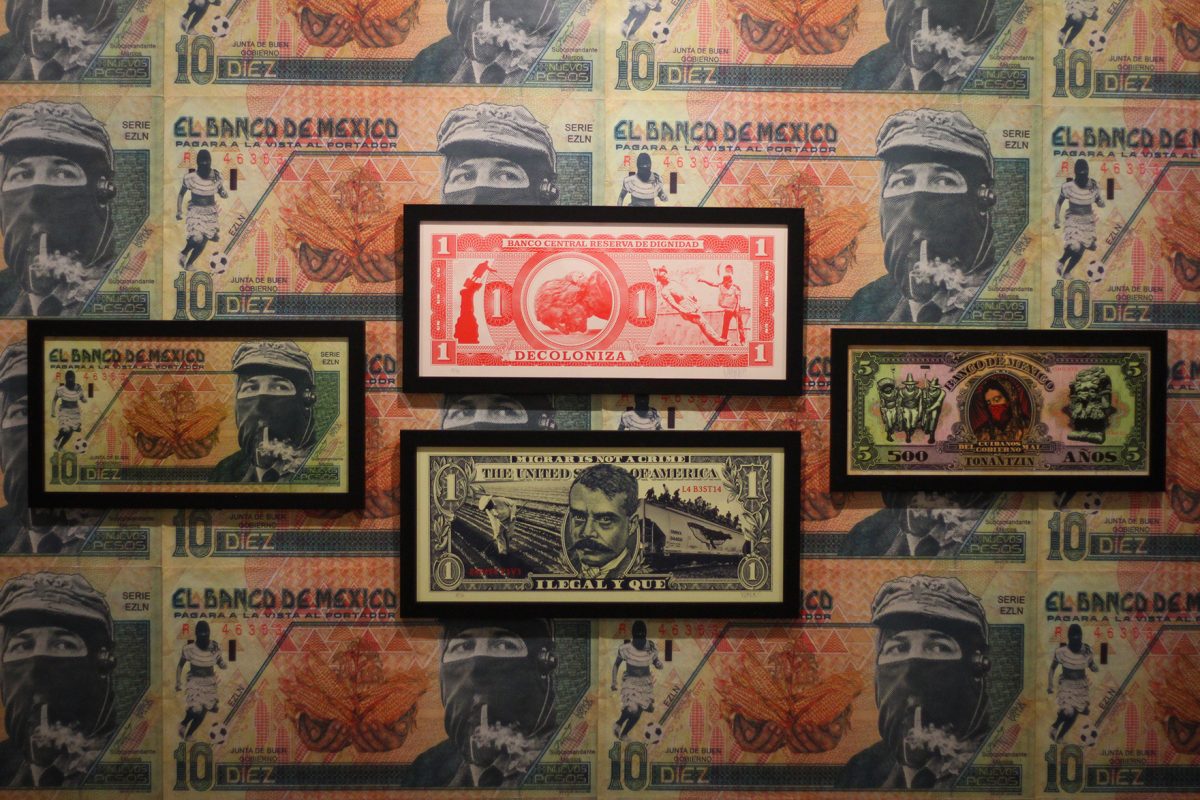 Prints+of+repurposed+currency+by+artist+Vlocke+Negro+is+shown+in+the+gallery%2C+Negro+is+a+Mexican+street+artist+whose+work+can+be+found+through+the+streets+of+Mexico+City.