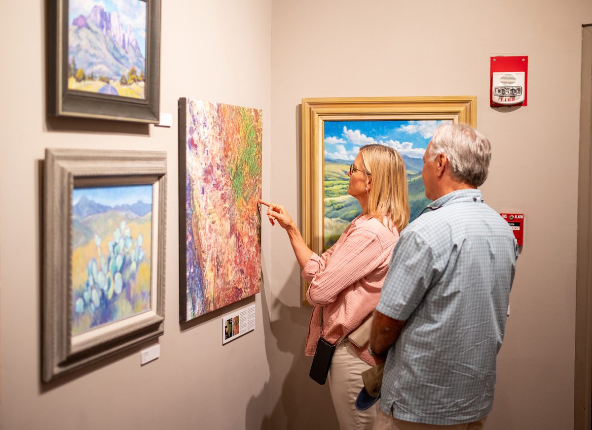 Attendees point out a piece of art on display at the Texas as Art exhibit at the UTEP Centennial Museum and Chihuahuan Desert Gardens. 