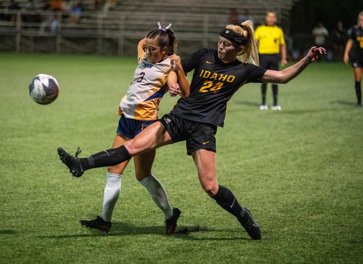 Forward Mina Rodriguez and Midfielder Jayd Sprague from Idaho fight for the ball during a match Sept. 14.   