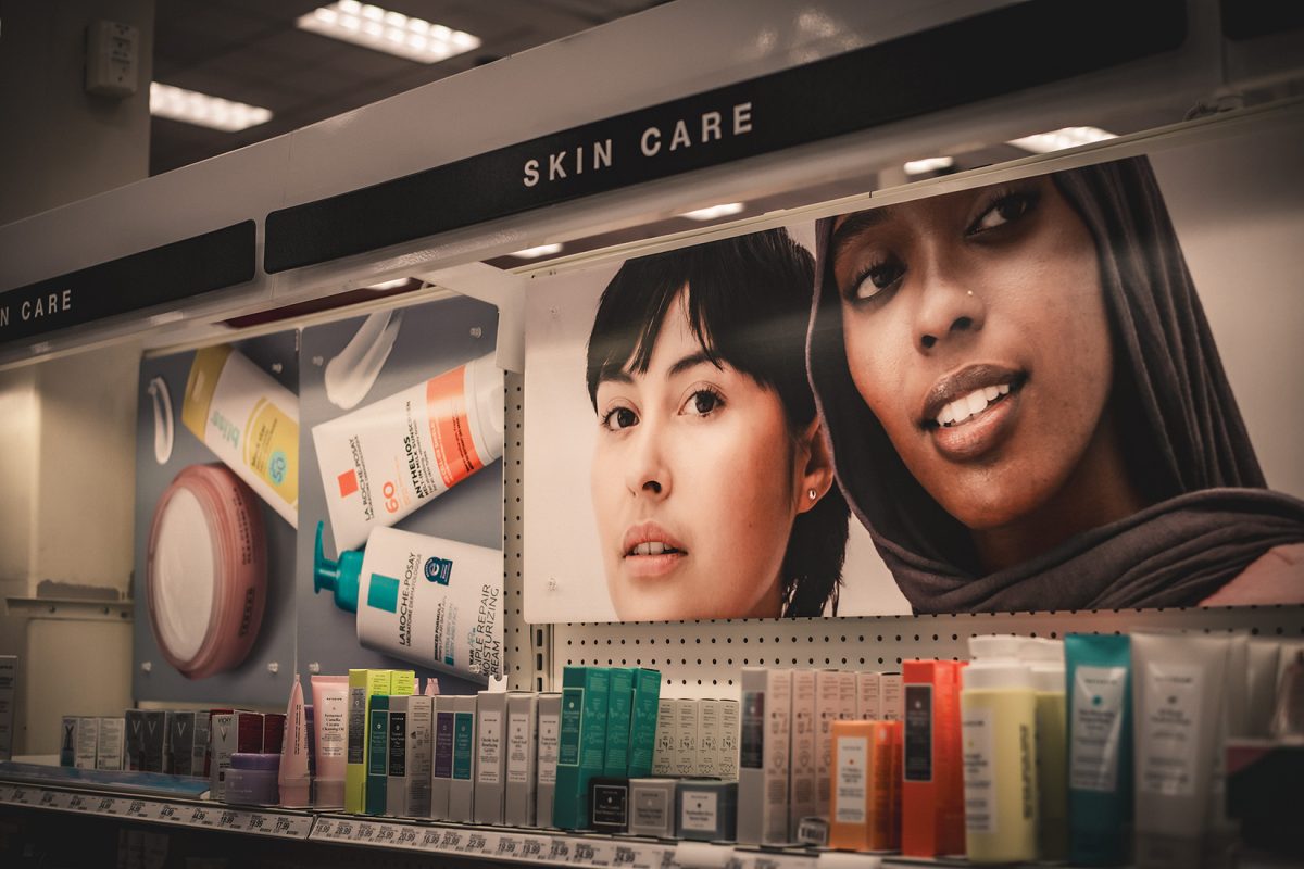 Shelves full of beauty products that promote skin care.