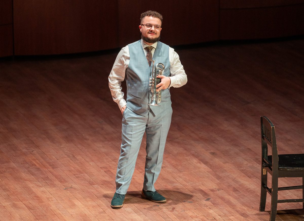 Music education major Jonathan Melendez receives a standing ovation at the end of his recital, Nov. 25.