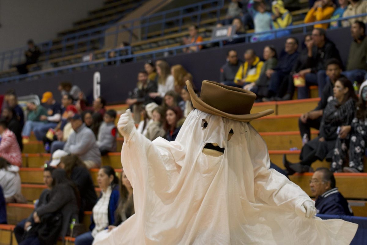 UTEP mascot Paydirt Pete dressed up as a ghost greets fans on the stands. 