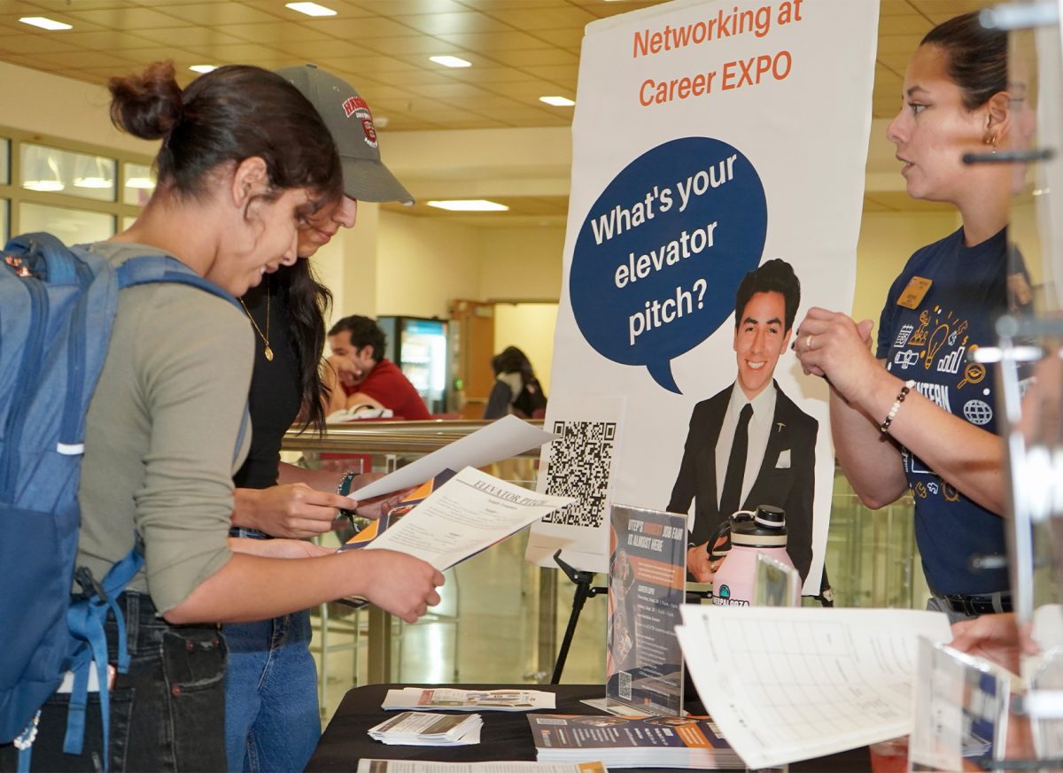 UTEP Students practicing their elevator pitch, a common method used to pitch business ideas and products, at the Career Week Expo. 