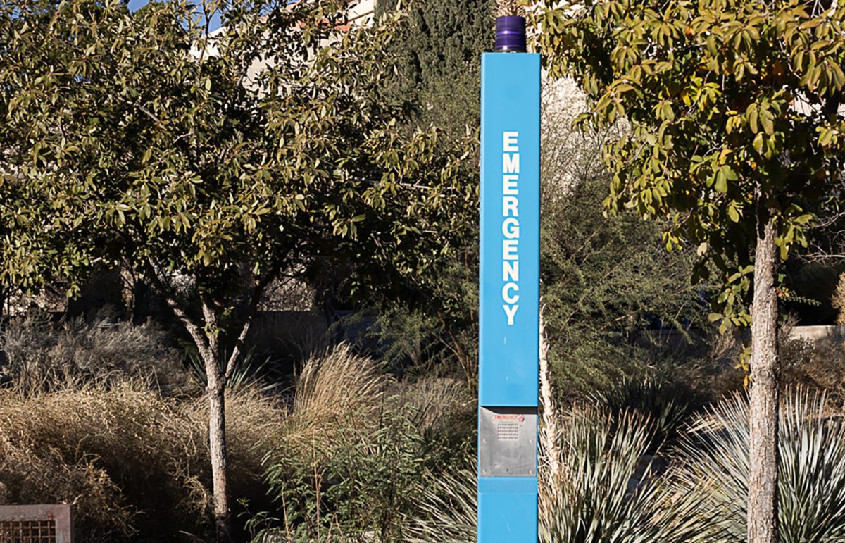 Blue towers around campus mark the emergency call boxes which is a direct line to the campus police, if needed.