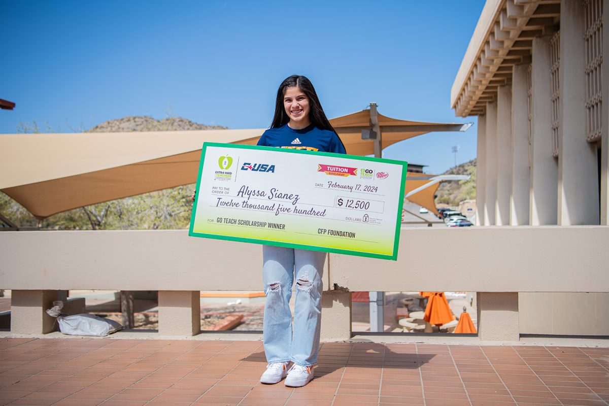 UTEP volleyball libero and mathematics major, Alyssa Sianez, who hopes to teach middle school math, was chosen to be the GoTeach Dr. Pepper tuition giveaway program recipient.