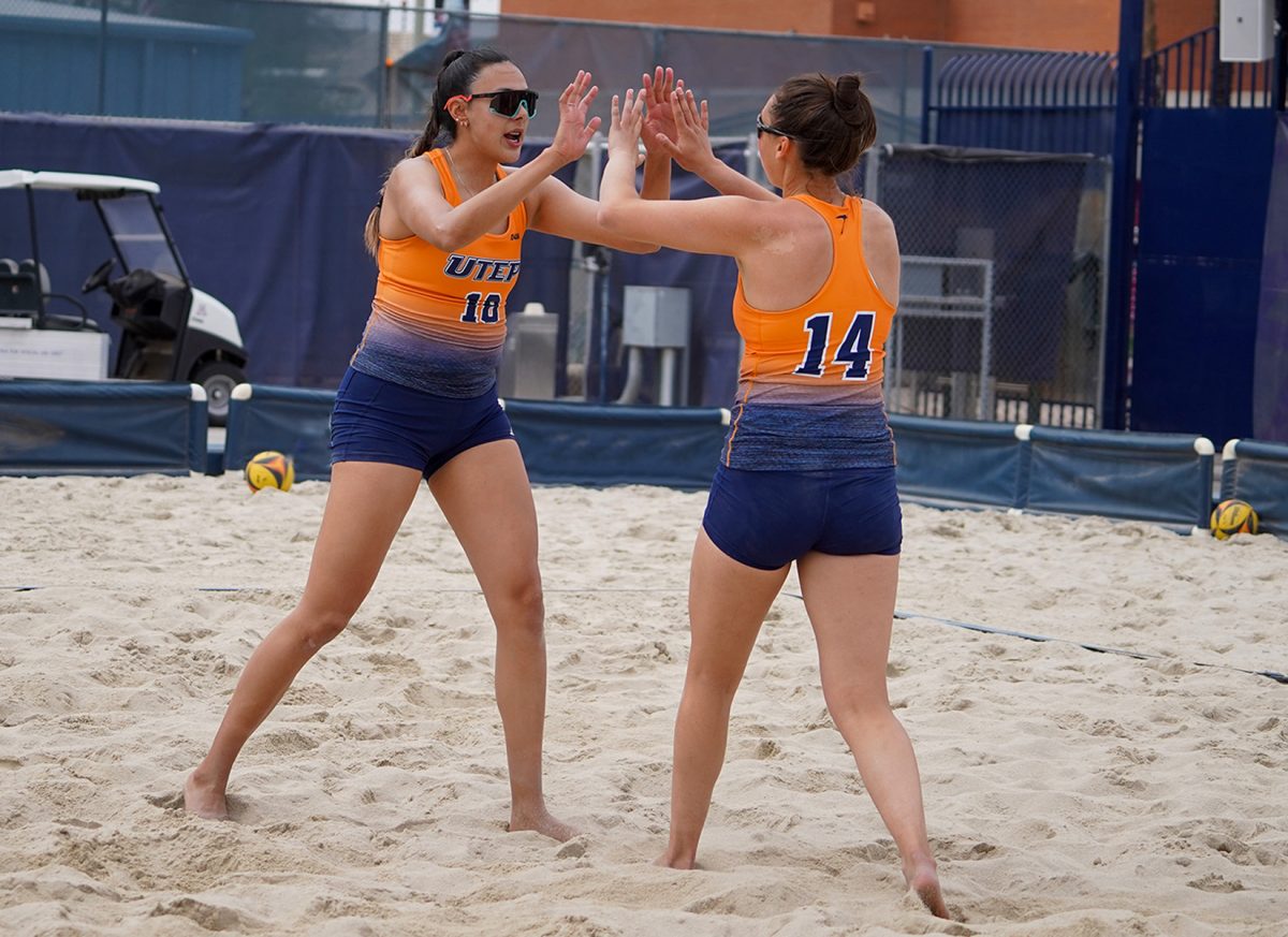 Marian+Ovalle+and+Katie+Martin+high+five+each+other+during+the+Canyon+Classic+held+from+April+6-7.+This+marked+the+final+matches+of+the+season+for+the+Miners.+Photo+courtesy+of+UTEP+Athletics.