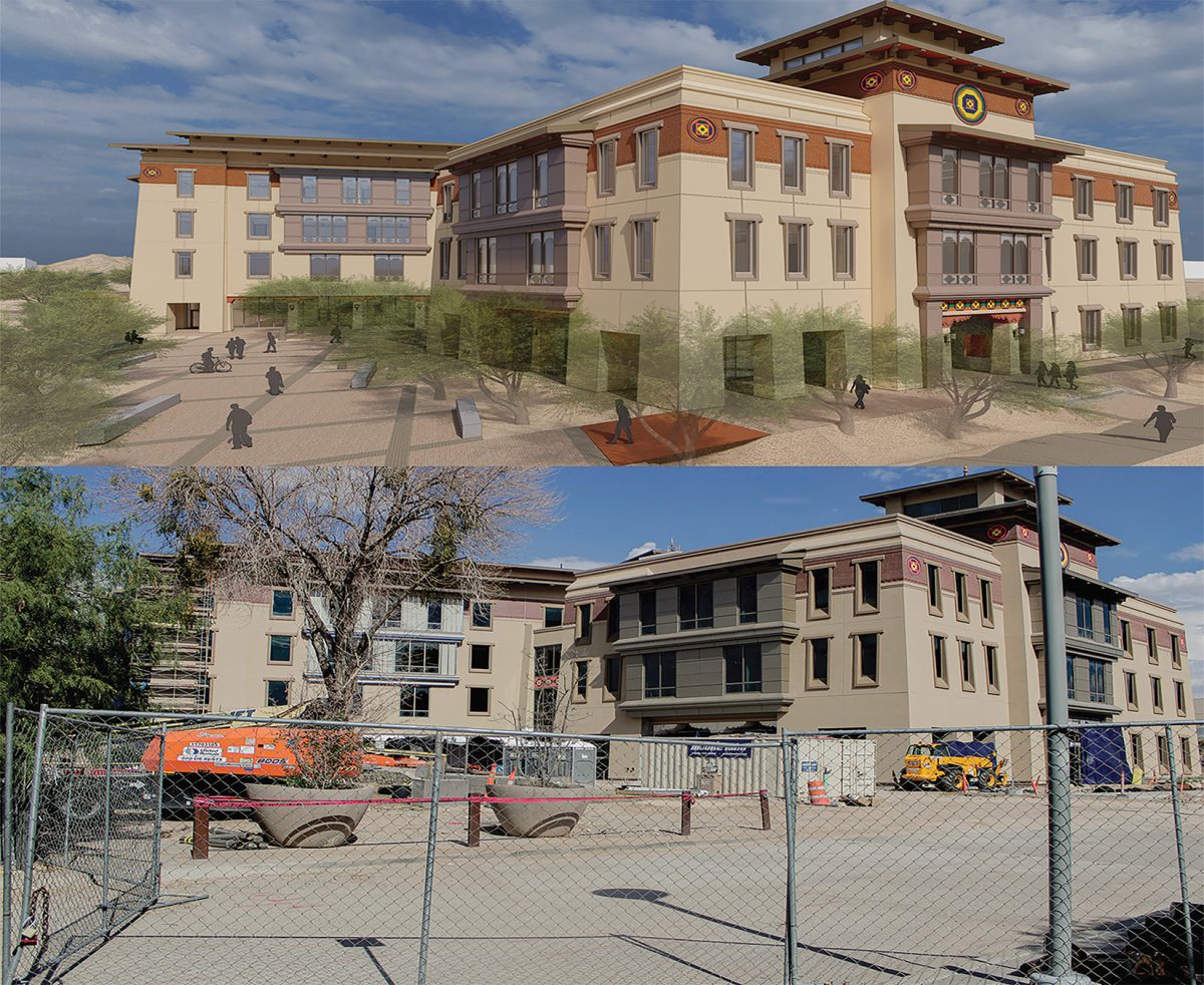 Comparison of Texas Western Hall from the digital plan to current views, Aug. 28. The Texas Western Hall is set to have its grand opening in January of 2026. 