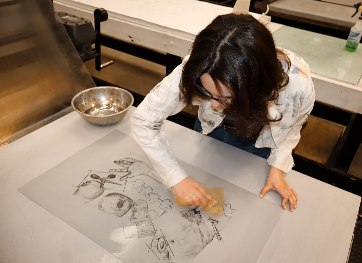  Leslie Ulloa-Pollock studies Studio Art with a concentration in Printmaking – an art form that involves the creation of an original image on a matrix and transferring it to a surface like paper. 