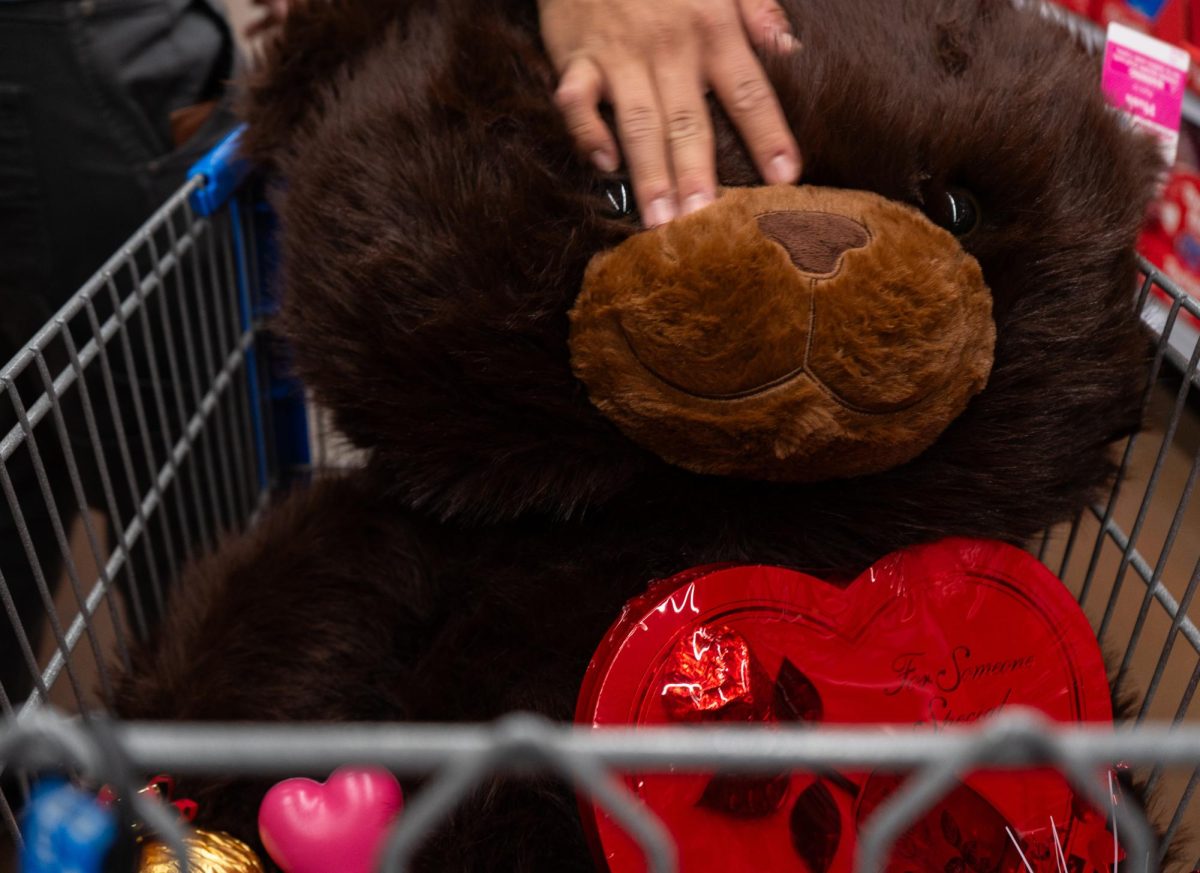 A student shopper fills a shopping cart with gifts ahead of Valentine’s Day, preparing for the holiday that often emphasizes gift-giving as a symbol of affection. 