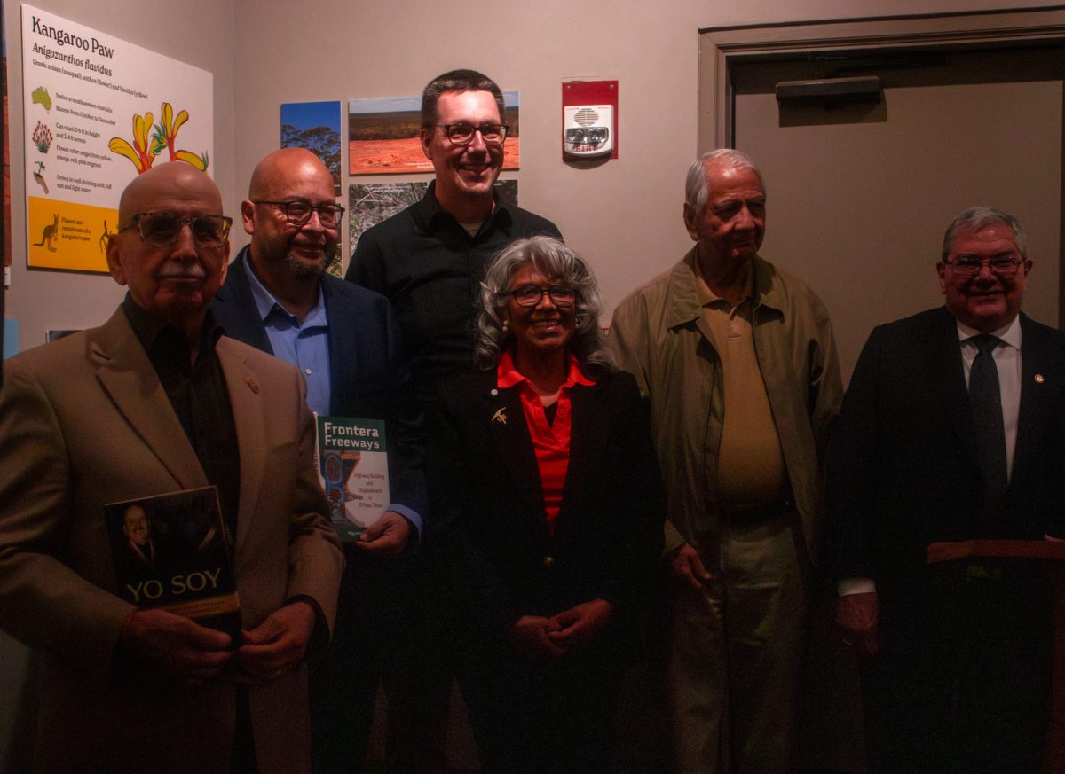 Miguel Juárez and Roberto Villarreal speak during a book signing and discussion held on Feb. 18 at the Centennial Museum at the University of Texas at El Paso. The event featured a conversation about their books “Frontera Freeways” and “Yo Soy,” which explore the history and experiences of Borderlands communities.