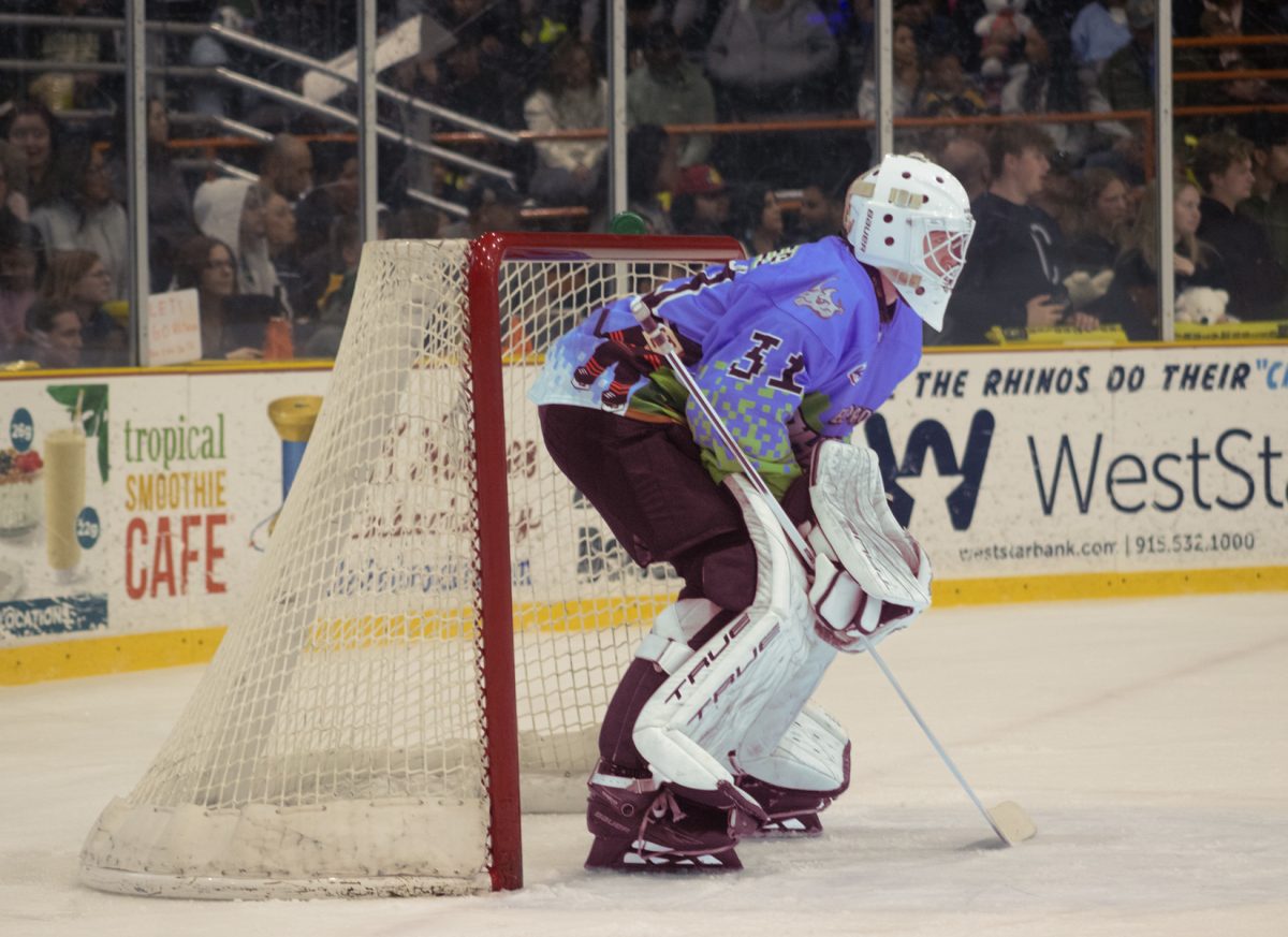 Rhino goaltender Logan Hughes had a save percentage of 0.9033 and 8 wins throughout the game against the Odessa Jackalopes.