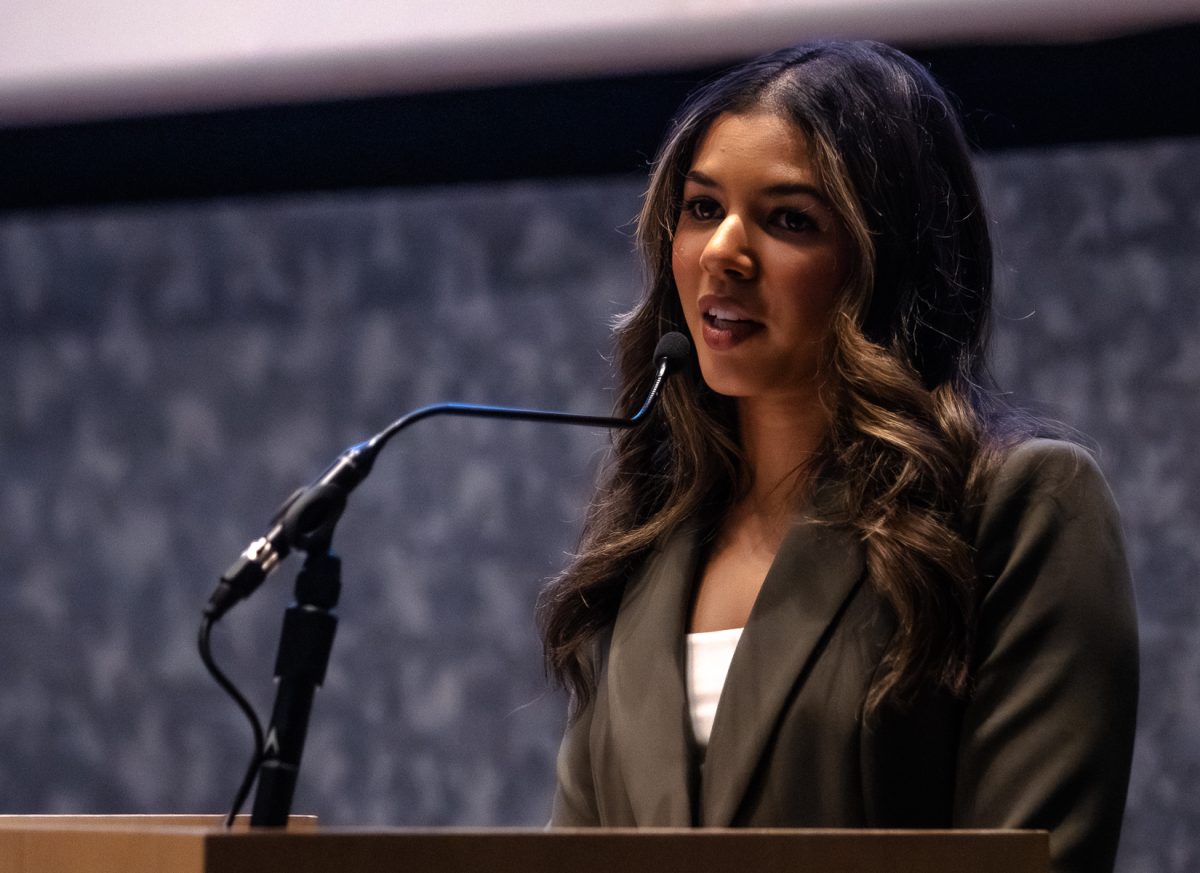Former Dallas Cowboys cheerleader Chandi Dayle speaks to students during the Miners Leadership Summit on Feb. 27 in the Undergraduate Learning Center at the University of Texas at El Paso.