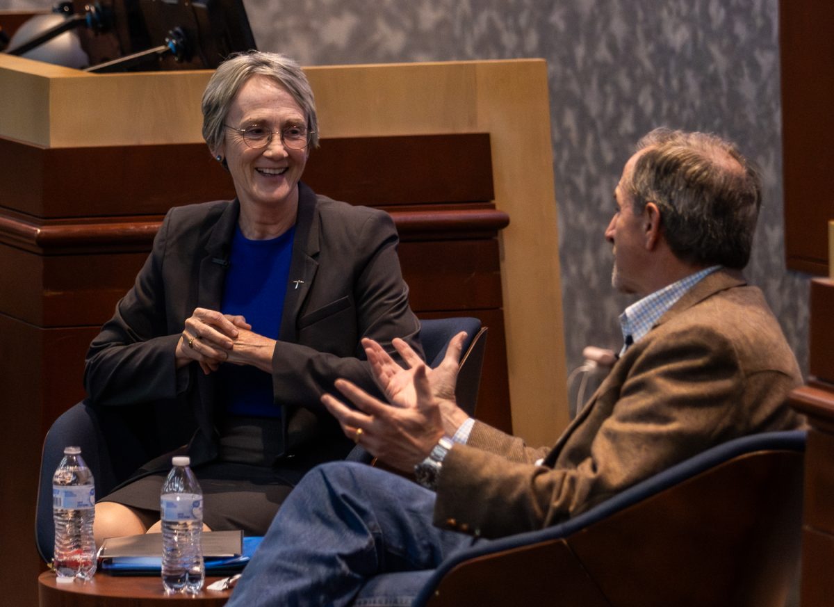 University of Texas at El Paso President Heather Wilson speaks with retired U.S. Air Force Gen. David Goldfein during the Miners Leadership Summit on Feb. 27 in the Undergraduate Learning Center at UTEP.