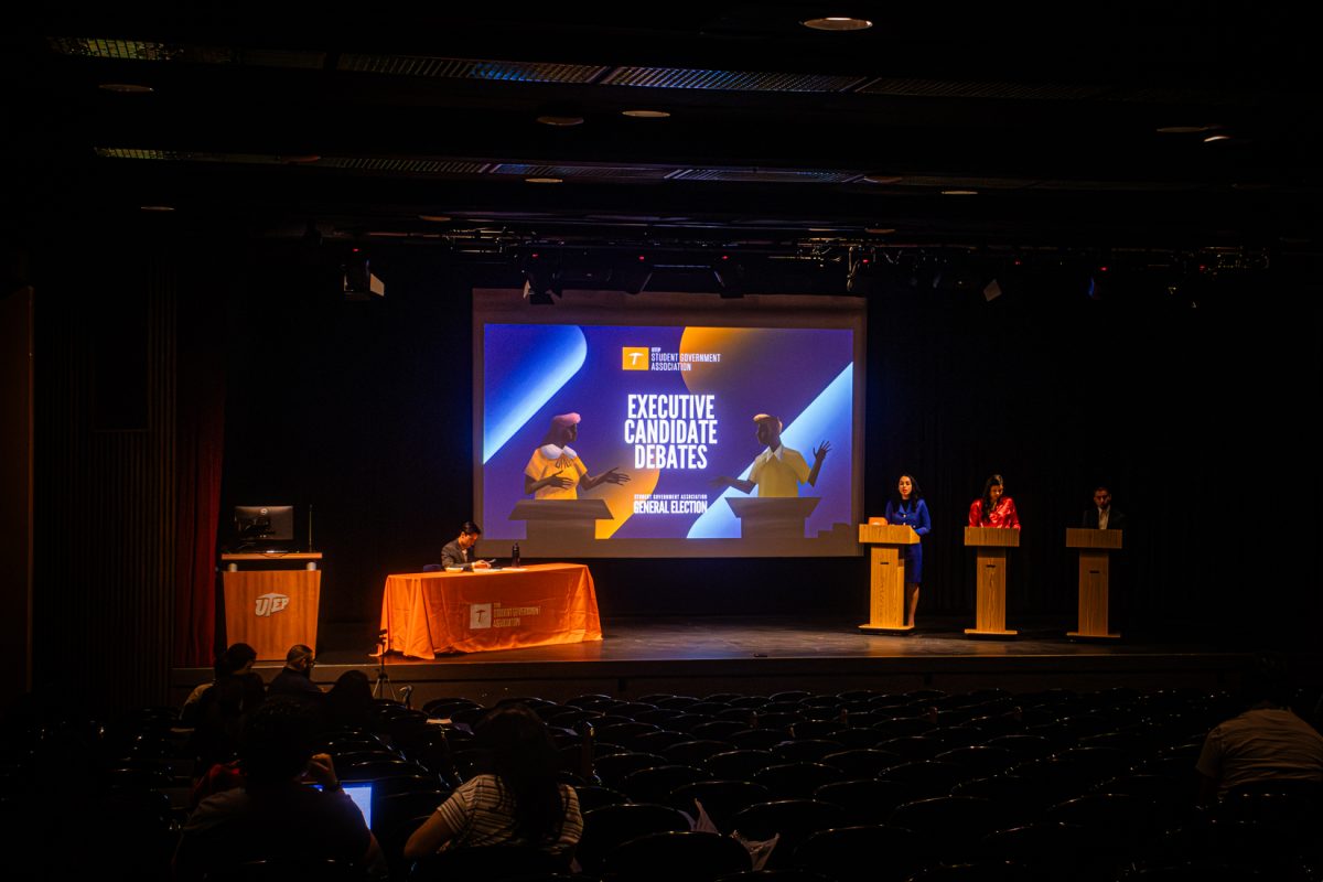 SGA presidential candidates Kayla Madrid, Anthony Scarola and Alexa Hildary Gonzalez Valenciano speak during a debate at Union Cinema East on April 20, outlining their policies and engaging with student voters.