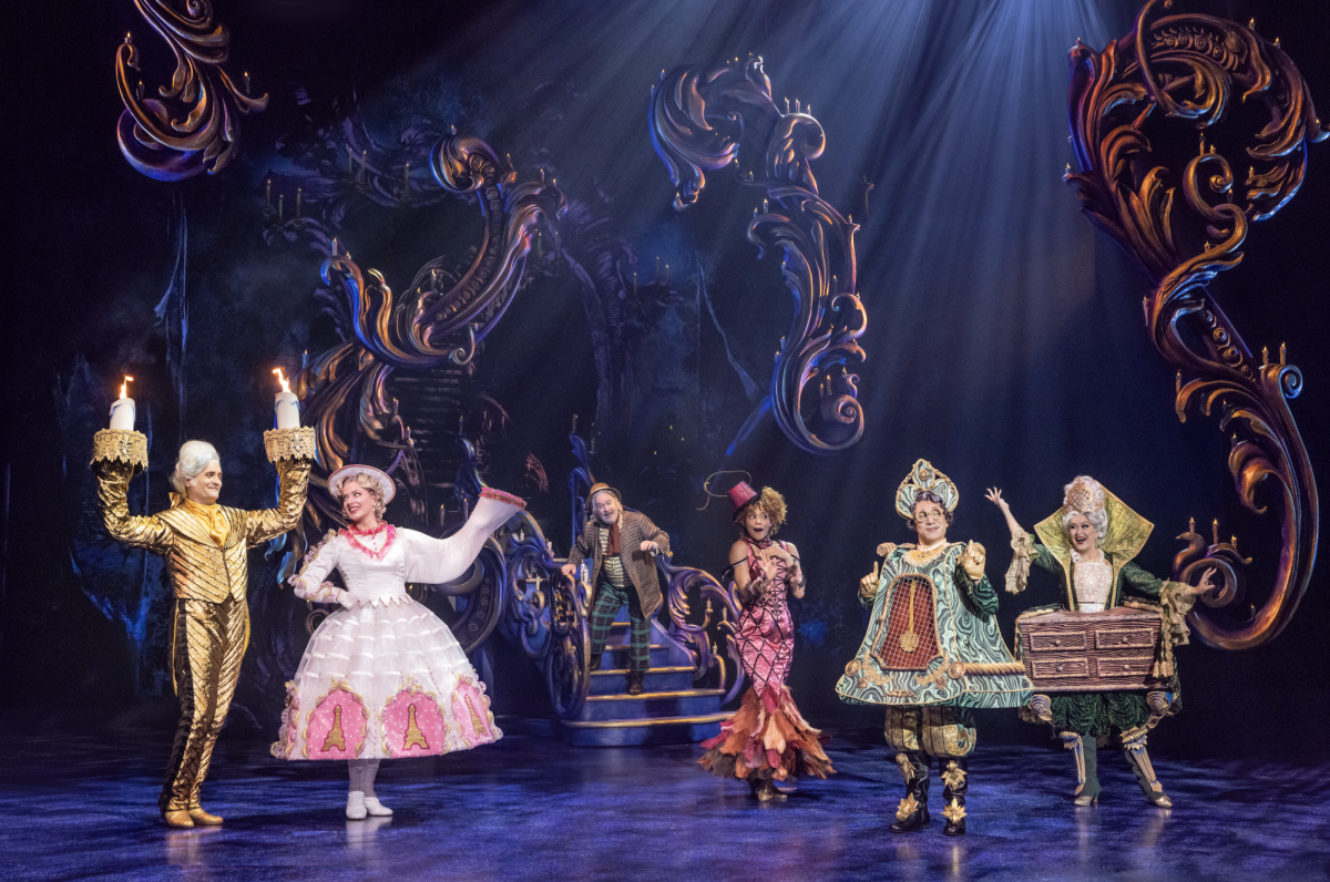 Danny Gardner, Kathy Voytko, Kevin Ligon, Cameron Monroe Thomas, Javier Ignacio, and Holly Ann Butler in Disney’s Beauty and the Beast.
Photo by Matthew Murphy. © Disney